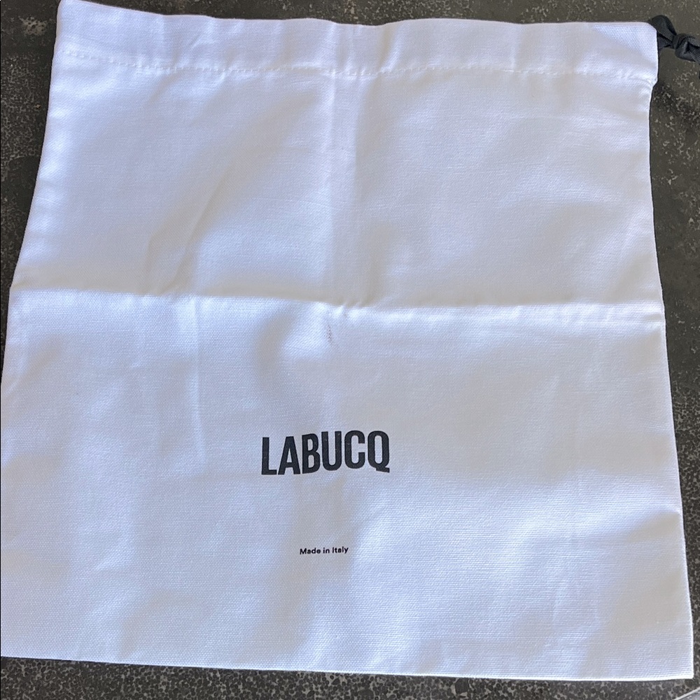 New Labucq white fabric drawstring, dust cover bag 14” x 15”